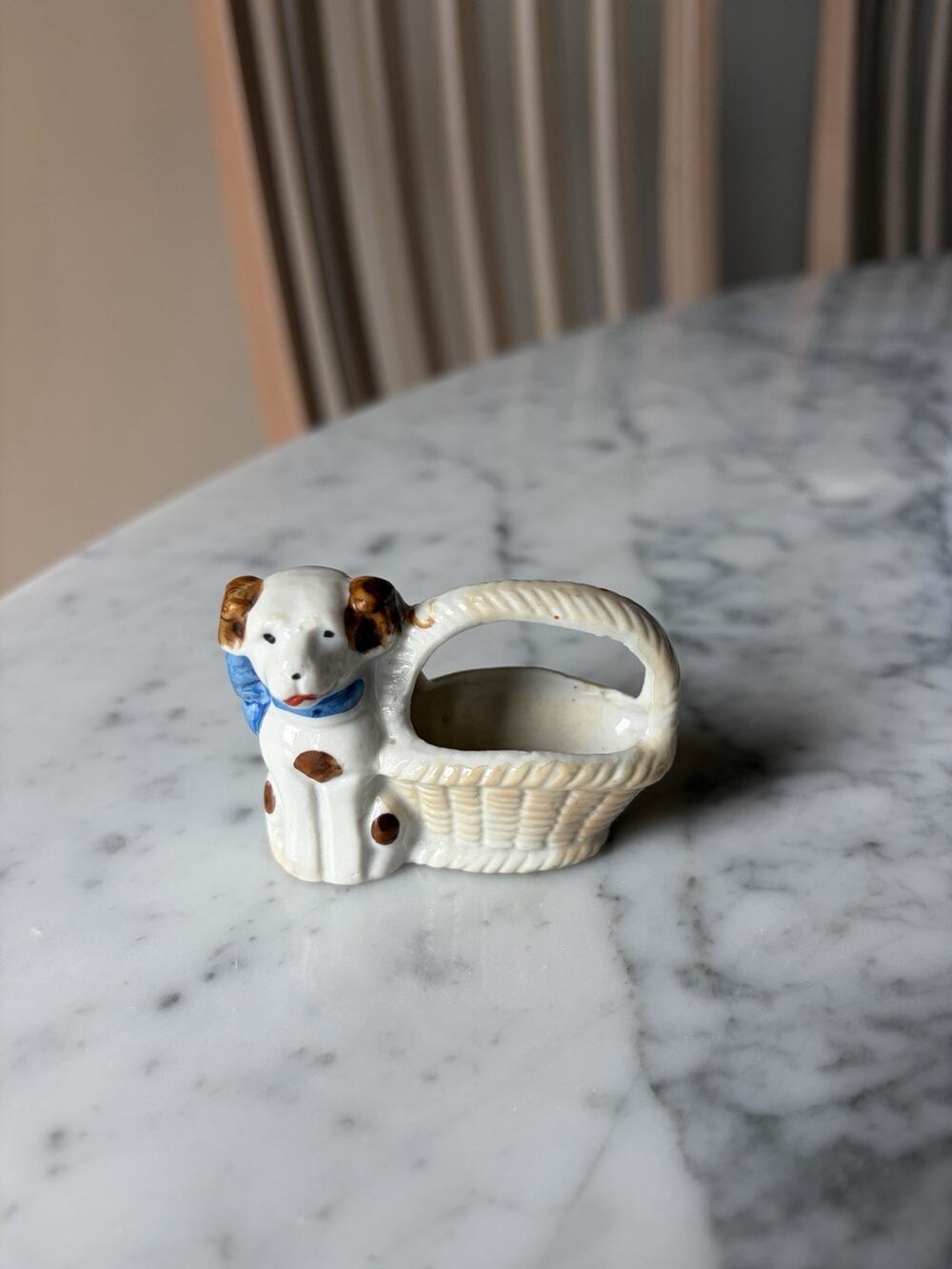 Vintage Ceramic Dog Figurine with Basket Blue Bow Hand Painted Japan